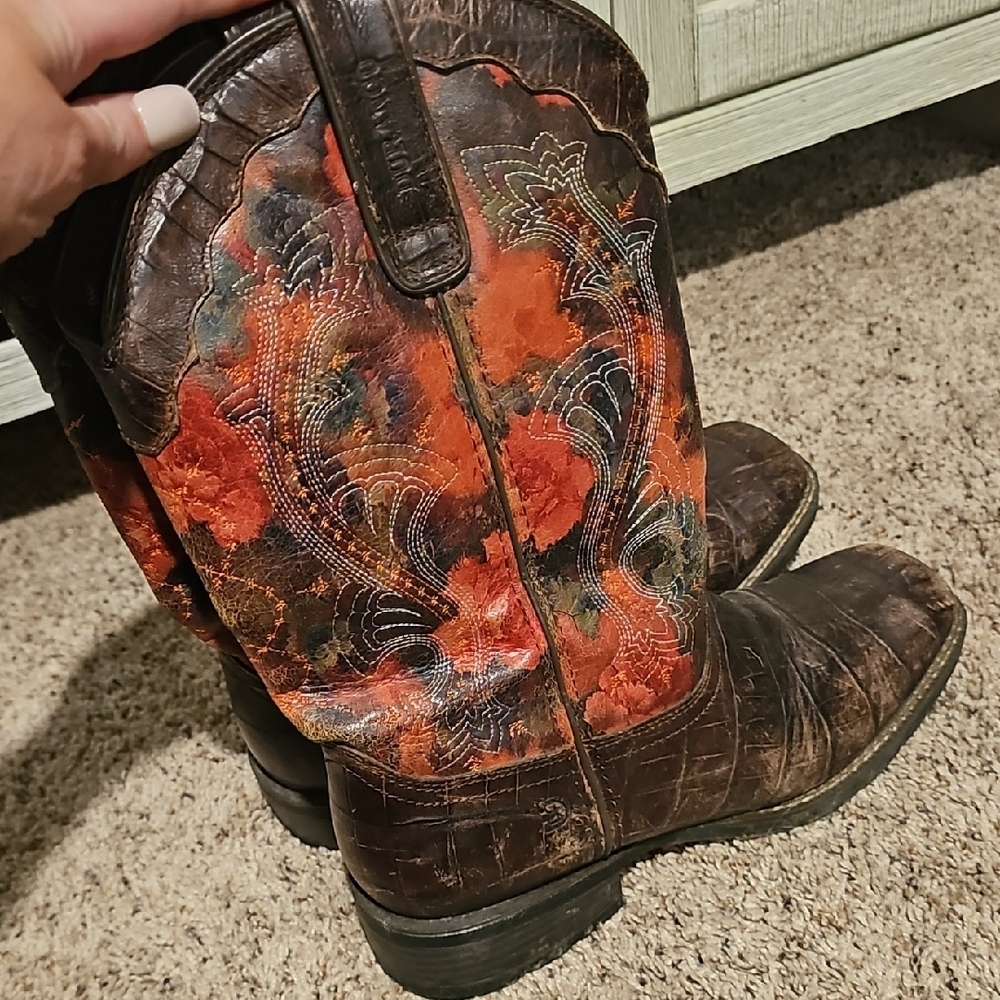 Brown Leather Western Cowboy Boots with Orange Floral Stitching - Picture 2 of 6